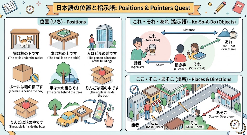 Japanese Positions and Demonstrative Pronouns Infographic